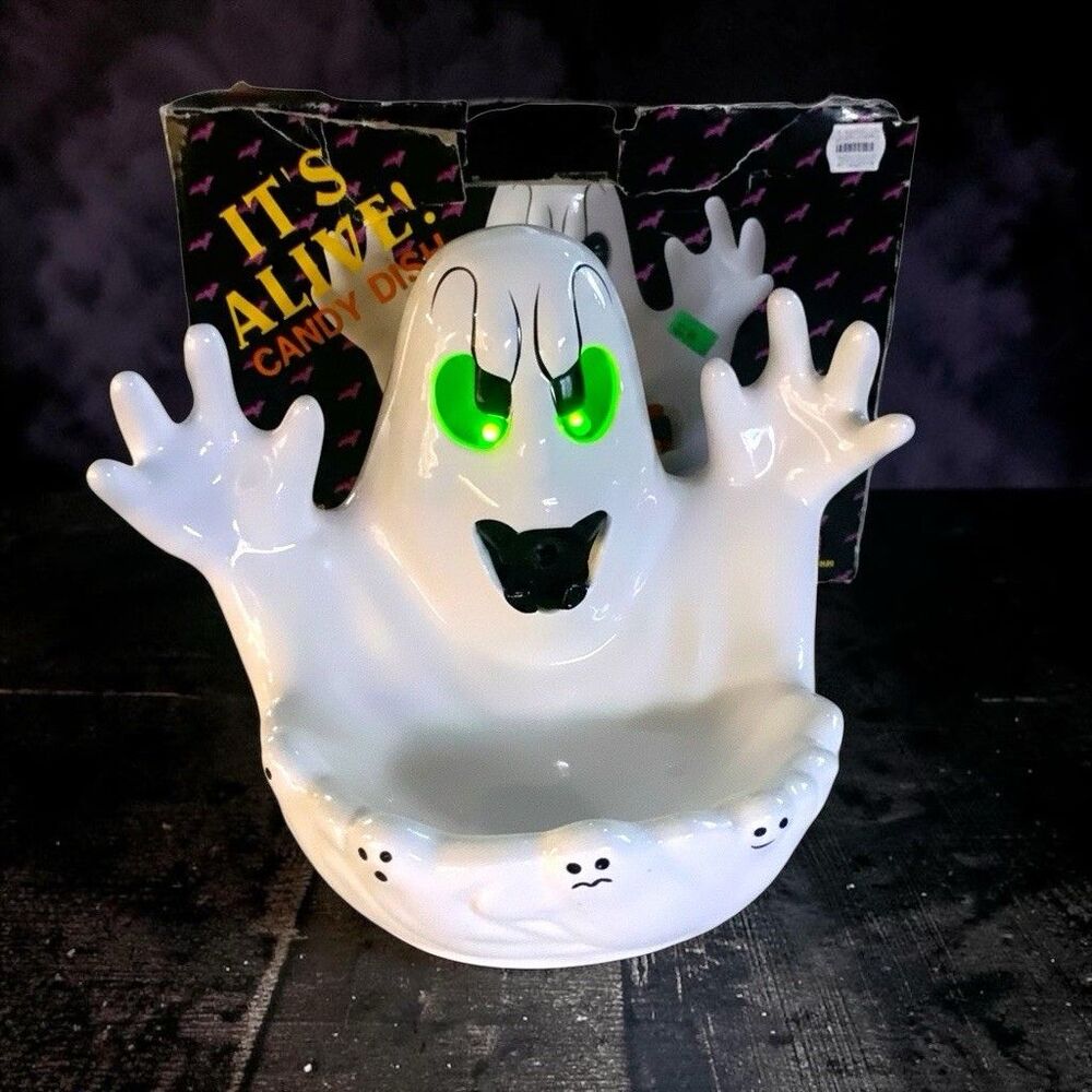 Vintage 1992 New Creative Enterprises Ceramic Ghost Halloween Candy Dish WORKS!